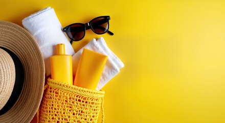Yellow string bag packed with beach essentials. White towel sunglasses, yellow sunscreen bottles visible. Summer vacation concept. Safe sun exposure, skin cancer awareness highlighted. Top view photo