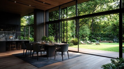 Obraz premium Modern dining room overlooking lush garden, showcasing indoor-outdoor living