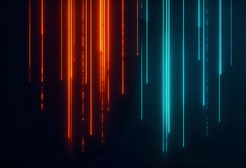 Abstract digital art featuring vertical neon lines in vibrant cyan and orange, glowing brightly against a dark background. The lines create a futuristic, energetic, and technological visual effect.