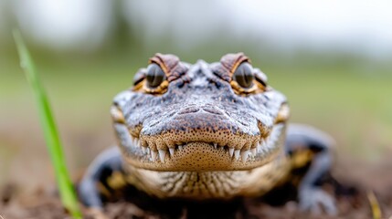 Fototapeta premium Baby alligator looks directly at the camera from a low angle on muddy ground in a wetland during daytime.