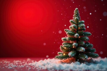 Snowflakes gently fall onto a bare Christmas tree against a red backdrop, scene, peaceful