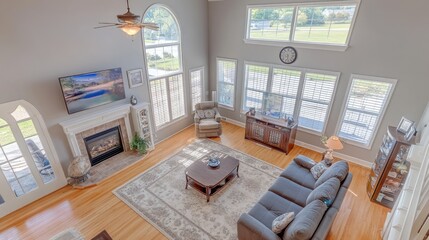 A bright and airy living room with large windows, a neutral rug, and soft gray tones in the furniture, viewed from above.