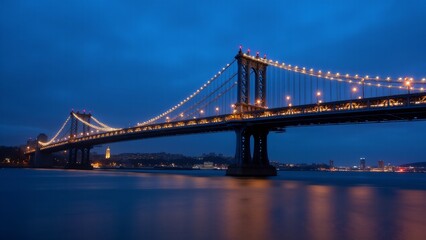 Fototapeta premium A majestic urban bridge illuminated by golden lights at twilight, spanning a calm river under a deep blue and indigo sky, with distant city lights softly twinkling.