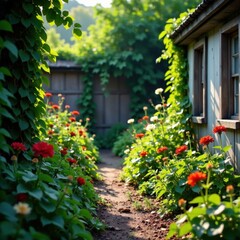 Naklejka premium Abandoned garden with overgrown flowers and weeds, neglected , green