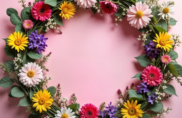 Fototapeta premium Colorful wildflower wreath arranged on pink background. Floral chaplet made of various flowers like gerbera daisies, small white flowers, purple blossoms. Fresh summer floral design. Top view beauty