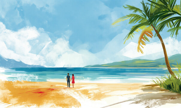 couple holding hands, romantic, on the beach - editorial illustration, simple, minimalist, exercise beach, diverse people, simple wallart illustration, gouache expressive brush painting