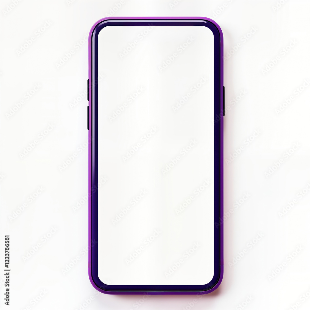 Poster Violet smartphone mockup. Front side view. Blank screen. Modern device. Empty display. Isolated on white background. Flat lay perspective. Template for design. Tech product. Communication tool.