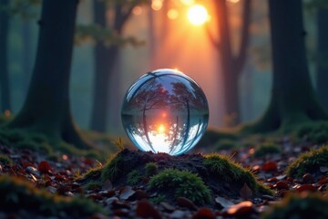Crystal sphere glowing softly in the forest at dawn, mystical, crystal, forest
