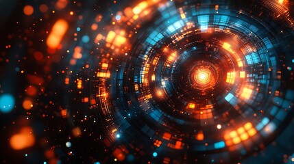 Subtle glowing arcs radiating outward in pastel tones on a dark gradient.