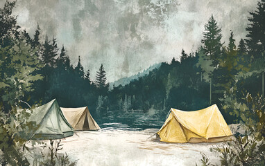 A tent set up near a river with fishing gear outside