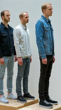 Different heights showcased through three men standing in a line at an art installation in a modern gallery