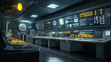 Naklejka premium A clean industrial control room featuring advanced SCADA systems for plant automation.