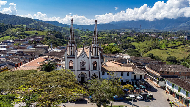 Frontino, Antioquia - Colombia. January 19, 2025. Catholic parish located in the main park of the town.