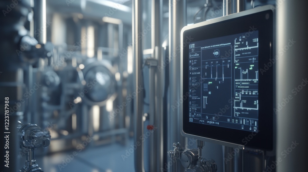 Poster a clean industrial environment with scada system monitors displaying production statistics.
