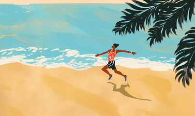 Girl, running on the beach - vacation illustration, simple, minimalist, exercise beach, diverse people, simple wallart illustration, gouache expressive brush painting