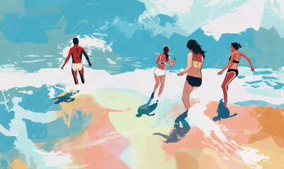A group of friends splashing in the waves on the beach - editorial illustration, simple, minimalist, exercise beach, diverse people, simple wallart illustration, gouache expressive brush painting