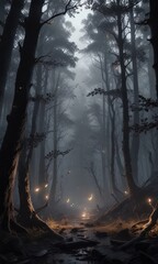 Obraz premium Dark mystical forest with glowing black notes floating in mid-air, forest ambiance, mysterious objects
