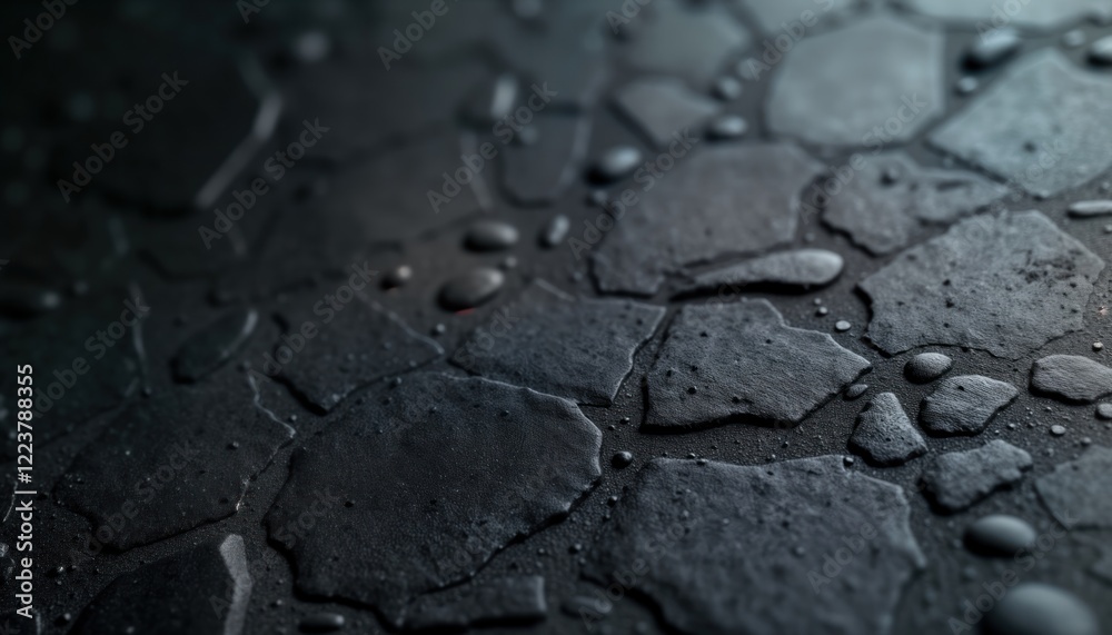 Poster Dark stone surface with various textures, shapes. Close up view shows water drops on rough stone surface. Abstract modern design. Geometric pattern. Suitable for backgrounds. Modern style. Natural