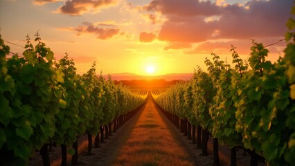 Fototapeta premium A serene vineyard at sunset with golden rays highlighting vibrant green grapevines, set under a glowing sky of warm oranges, pinks, and soft purples.