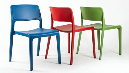 Fototapeta premium Three Modern Plastic Chairs in Red, Blue, and Green