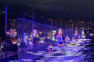 Medellin, Antioquia. Colombia - January 2, 2024. Christmas lights that adorn the river parks sector.