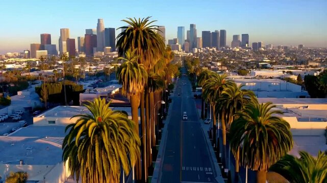 Drone flies over iconic Los Angeles tall green palm trees lined street with city skyline on background. Aerial above car driving by road with palms in sunny morning with downtown view in distance USA