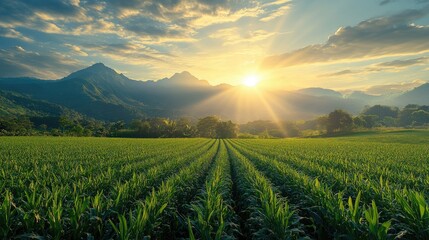 Fototapeta premium corn field or maize field for livestock feed at agriculture plantation farm in the morning sunrise 