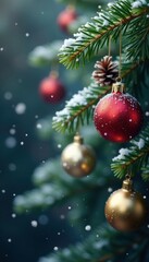 Snowflakes gently fall onto a fir branch adorned with shiny Christmas ornaments, pinecone, snowflake, holiday