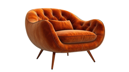 Luxurious Burnt Orange Velvet Armchair: An exquisitely comfortable burnt orange velvet armchair with a unique design, button tufting, and sleek golden legs.