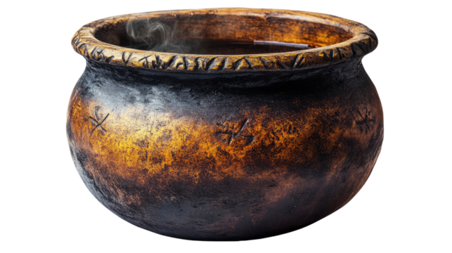Ancient Cauldron: A rustic, dark brown cauldron with intricate carvings, hinting at ancient rituals and untold stories. The vessel's aged appearance evokes a sense of mystery and history.