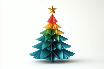 Obraz premium Origami Christmas Tree Minimalist Decoration with Golden Star on White Background