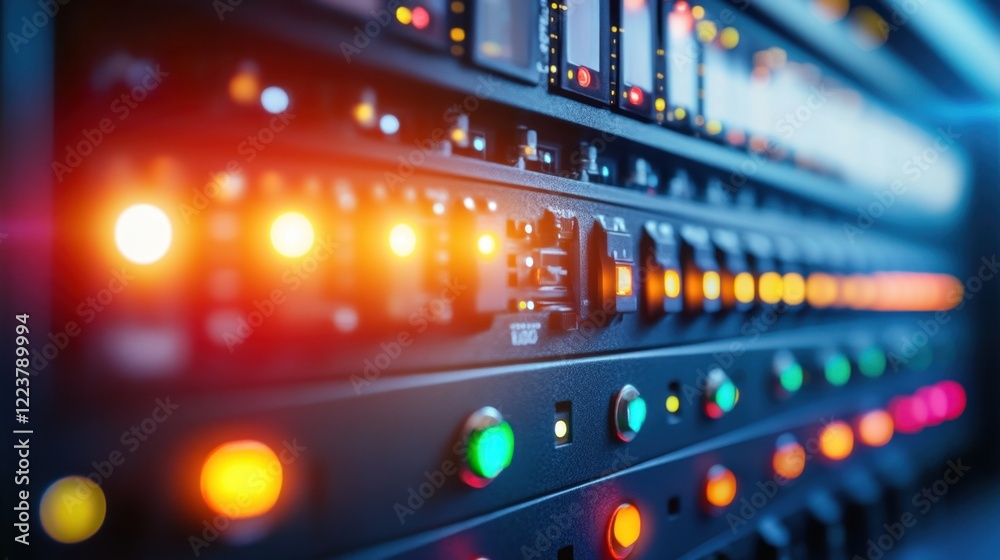 Poster a close-up of a programmable logic controller with inputoutput indicator lights.