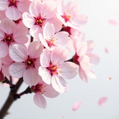 Delicate pink blossoms on a single cherry tree against a soft white background , bloom, blossom, pink