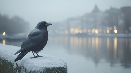 Black Crow Perched on Snow Near City Lights