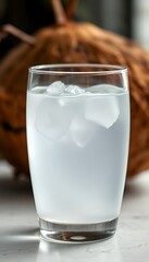 Refreshing Coconut Water with Ice in Glass on Marble Surface
