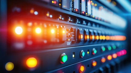 A close-up of a programmable logic controller with inputoutput indicator lights.