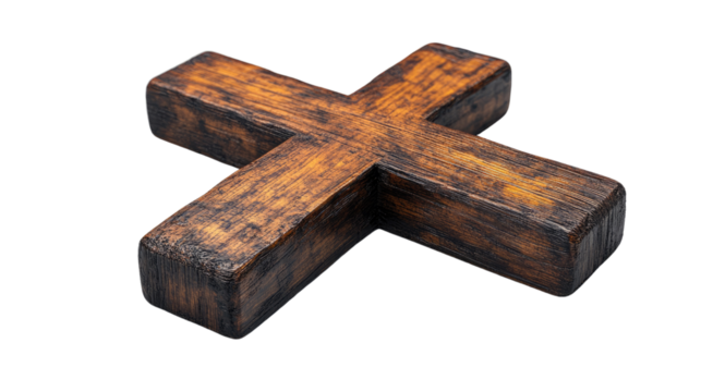 Rustic Wooden Cross: A handcrafted wooden cross, dark brown with visible wood grain, stands as a symbol of faith and tradition. Its simple yet striking design evokes a sense of timeless spirituality.