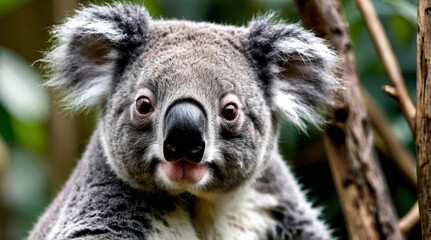 Fototapeta premium A cute koala sits nestled in a eucalyptus tree, gently munching on leaves with its tiny paws, radiating a sense of peaceful contentment and gentle curiosity