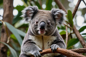 Obraz premium A cute koala sits nestled in a eucalyptus tree, gently munching on leaves with its tiny paws, radiating a sense of peaceful contentment and gentle curiosity