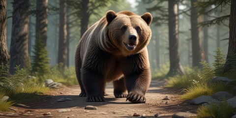 Obraz premium Brown bear with outstretched paws and sharp claws standing on forest path, silhouette, fur, claws