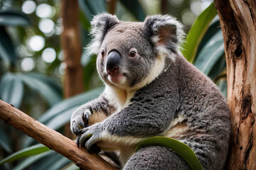 A cute koala sits nestled in a eucalyptus tree, gently munching on leaves with its tiny paws, radiating a sense of peaceful contentment and gentle curiosity