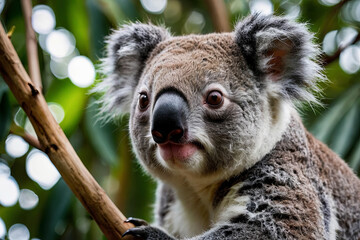 Fototapeta premium A cute koala sits nestled in a eucalyptus tree, gently munching on leaves with its tiny paws, radiating a sense of peaceful contentment and gentle curiosity