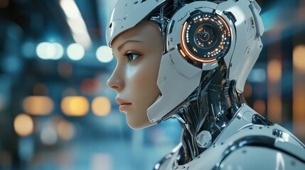 Fototapeta premium Futuristic Female Robot Head Profile Closeup