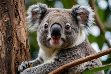 A cute koala sits nestled in a eucalyptus tree, gently munching on leaves with its tiny paws, radiating a sense of peaceful contentment and gentle curiosity