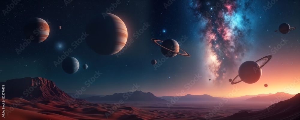 Aufkleber stunning view of multiple planets, nebulae in outer space. colorful glowing celestial bodies orbit d