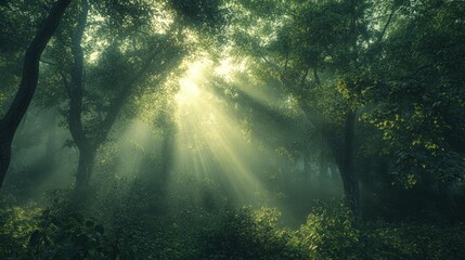 Fototapeta premium Sunlight Filtering Through Trees in a Serene Forest Morning