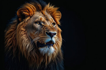 Naklejka premium A lion's face. The lion is facing towards the right side of the image, with its mouth open wide, showing its sharp teeth