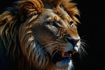 Naklejka premium A lion's face. The lion is facing towards the right side of the image, with its mouth open wide, showing its sharp teeth