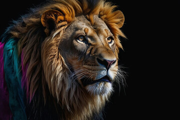 Naklejka premium A lion's face. The lion is facing towards the right side of the image, with its mouth open wide, showing its sharp teeth