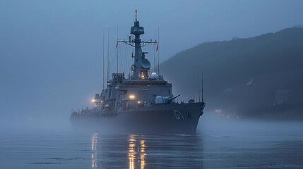 Fototapeta premium Majestic Warship Sailing Through Foggy Waters